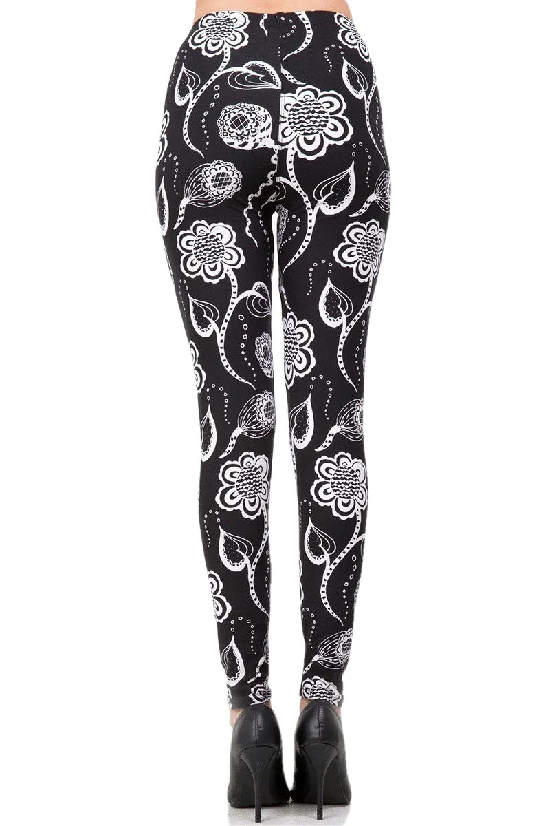 Women's Regular B&W Abstract Floral Pattern Printed Leggings