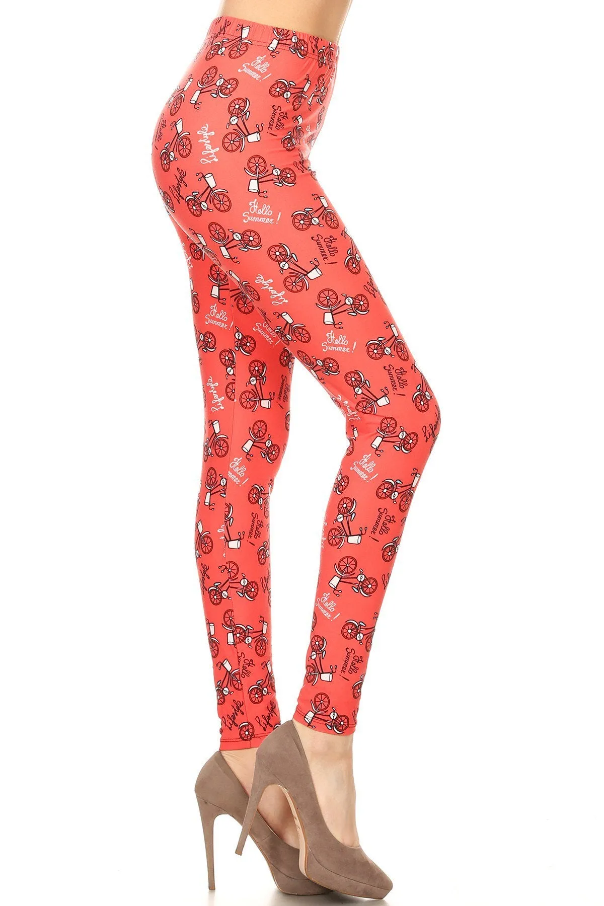 Women's Regular Bicycle in Coral Lifestyle Pattern Printed Leggings